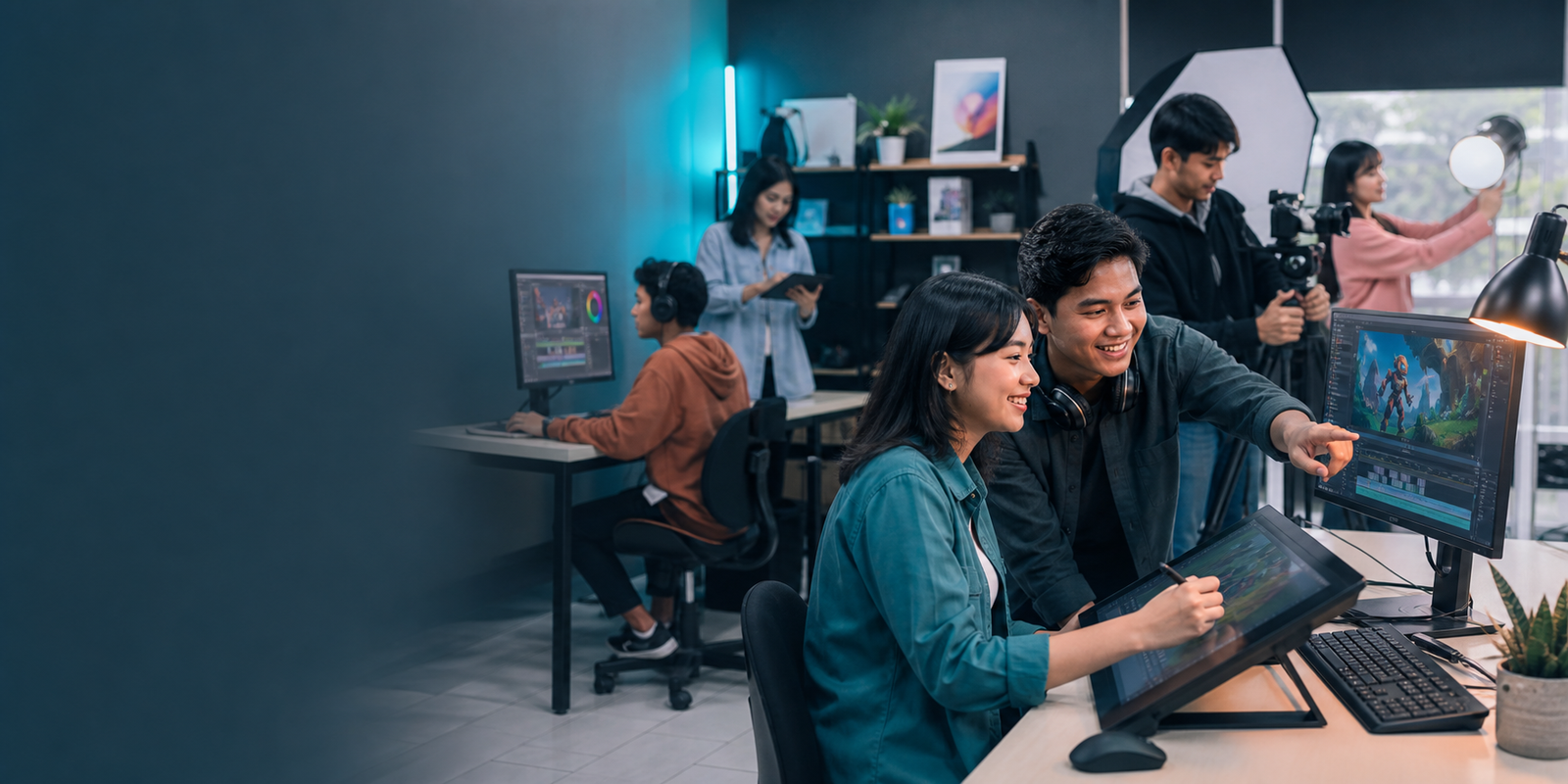 Mahasiswa multimedia mengerjakan animasi dan produksi digital